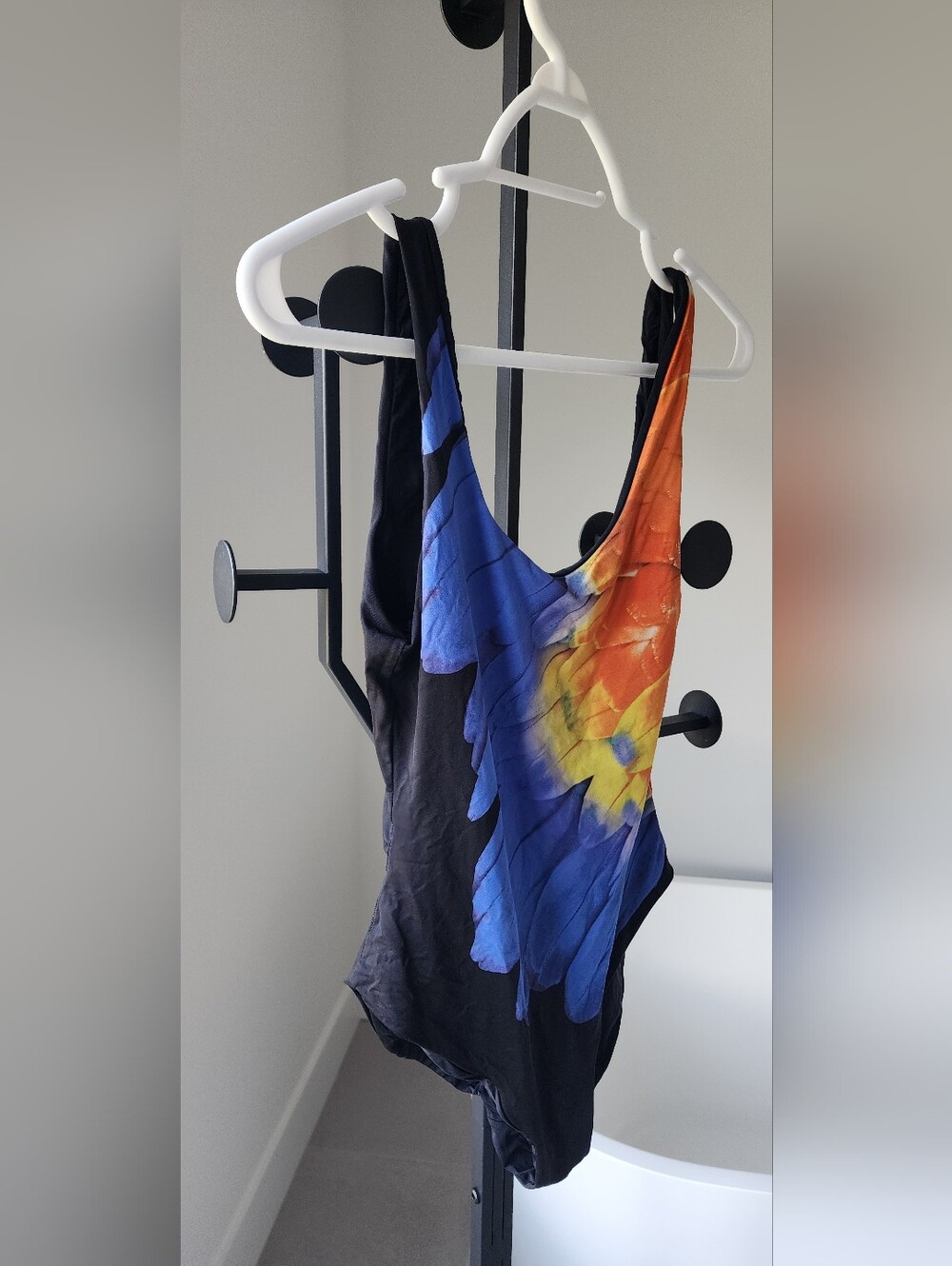 Onia Kelly One Piece Black Swimsuit with Blue, Orange & Yellow Feather Size S - Picture 3 of 8